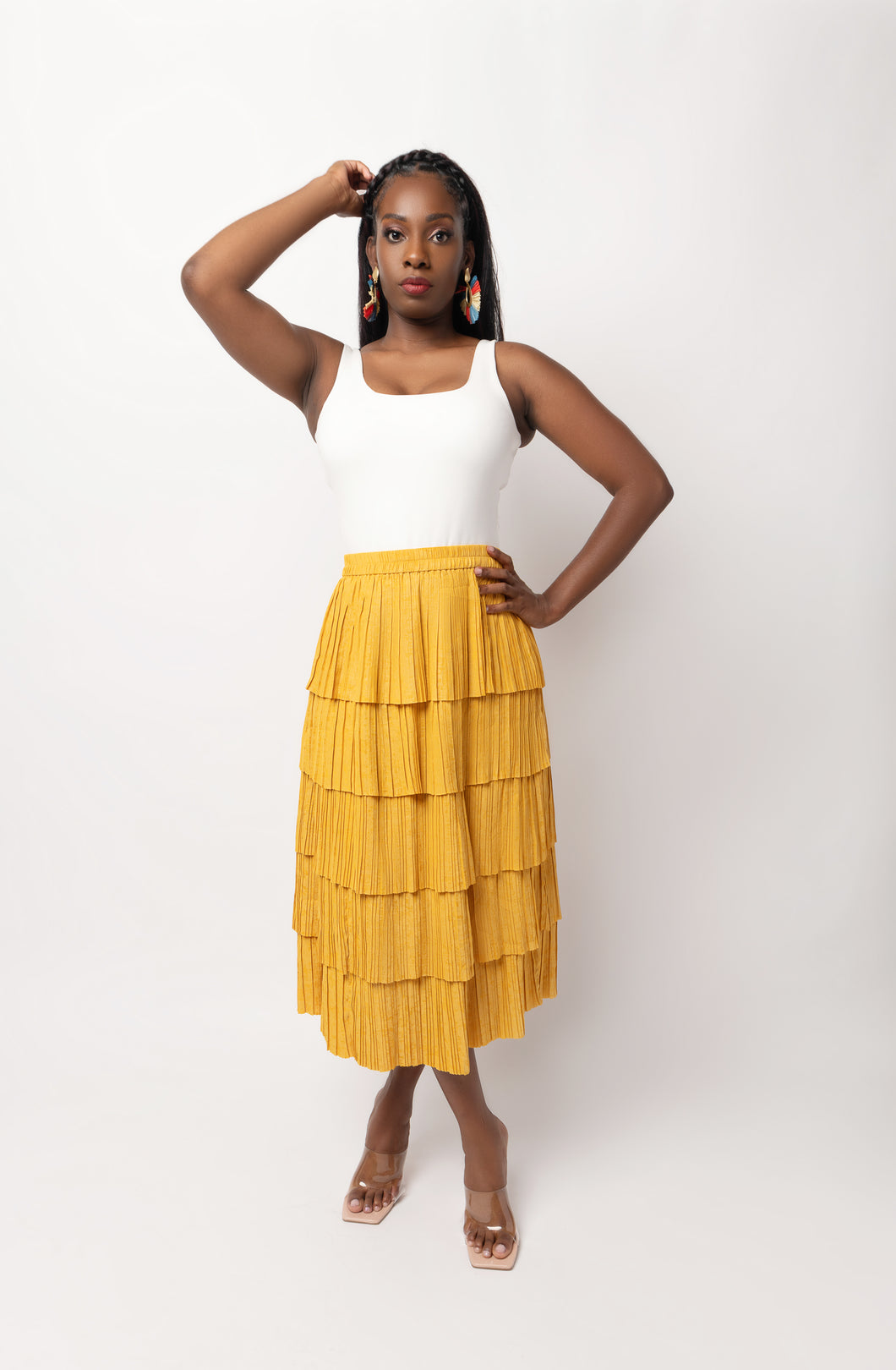 Multi-Tiered Midi Pleated Skirt - Gold