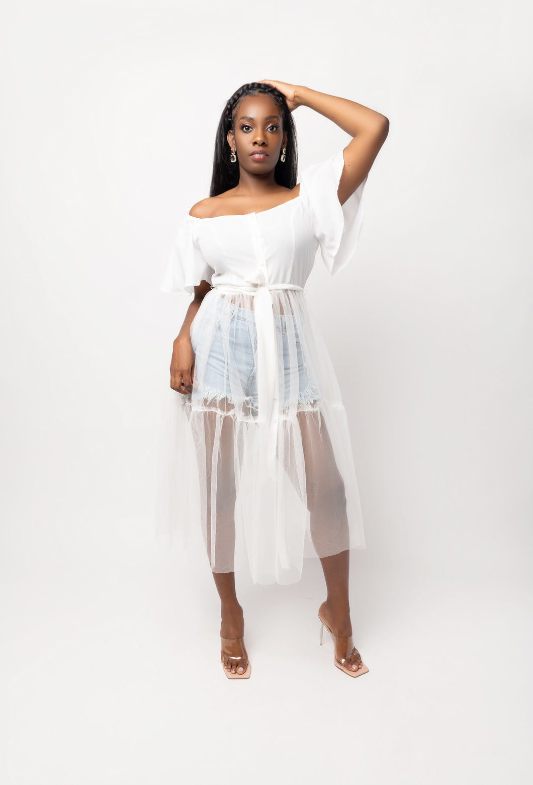 Button Down Sheer Tulle - White